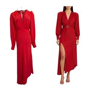 Ronny Kobo Estelle Red Silk Blend Jacquard Midi Dress Long Sleeve S Asym Hem